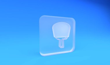 Donmuş cam Kore el vantilatörü ikonu mavi arka planda izole edilmiş. Kare buzlu cam düğme. 3 Boyutlu resimleme.