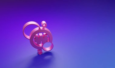 Mor-mavi arka planda izole edilmiş pembe Güney Kore madeni para ikonu. Güney Kore para birimi işi, ödeme ve finans. Minimalizm kavramı. 3 Boyutlu resimleme.