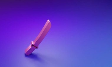 Mor-mavi arka planda izole edilmiş pembe geleneksel Japon katana simgesi. Japon kılıcı. Minimalizm kavramı. 3 Boyutlu resimleme.