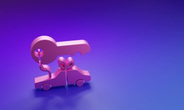 Pembe Araba hediye simgesi mor-mavi arka planda izole edilmiş. Araba anahtarı ödülü. Minimalizm kavramı. 3 Boyutlu resimleme.