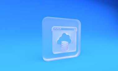 Donmuş cam bulut teknoloji veri transferi ve mavi arka planda izole edilmiş depolama ikonu. Kare buzlu cam düğme. 3 Boyutlu resimleme.