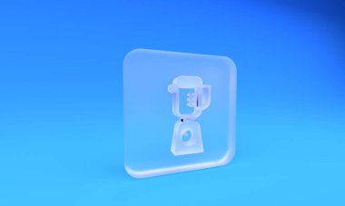 Mavi arkaplanda izole edilmiş buzlu cam karıştırıcı simgesi. Mutfak elektrikli kırıcı ve kase. Meyve suyu, kokteyl ya da meyve suyu. Kare buzlu cam düğme. 3 Boyutlu resimleme.