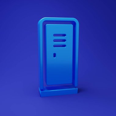 Mavi dolap ya da hokey, futbol, basketbol takımı ya da mavi arka planda izole edilmiş işçi ikonu için soyunma odası. Minimalizm kavramı. 3 Boyutlu resimleme.