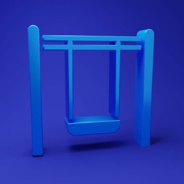 Çocuklar için mavi salıncak. Yaz oyunları için mavi arka planda izole edilmiş oyun alanı ikonu. Açık hava eğlence ekipmanları. Minimalizm kavramı. 3 Boyutlu resimleme.