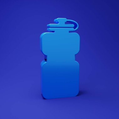 Mavi arka planda su ikonu olan mavi spor şişesi. Minimalizm kavramı. 3 Boyutlu resimleme.