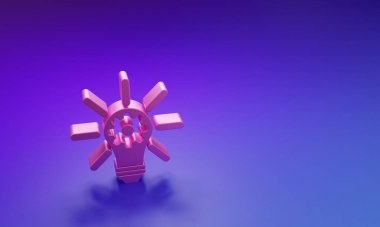 Mor-mavi arka planda izole edilmiş, ışıltılı pembe ampul ve simgenin içindeki teçhizat. Yenilik kavramı. Minimalizm kavramı. 3 Boyutlu resimleme.