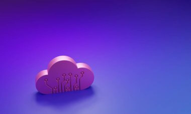 Mor-mavi arkaplanda izole edilmiş şeylerin pembe internet simgesi. Bulut hesaplama tasarım konsepti. Dijital ağ bağlantısı. Minimalizm kavramı. 3 Boyutlu resimleme.