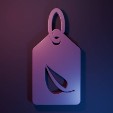 Mor-mavi arkaplanda yaprak sembolü olan mor etiket. Pankart, etiket, etiket, logo, çevre yeşili etiketi. Minimalizm kavramı. 3 Boyutlu resimleme.