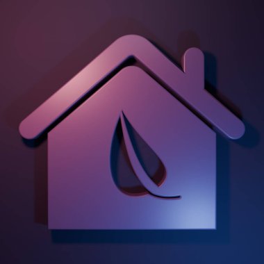 Mor çevre dostu ev ikonu, mor-mavi arka planda izole edilmiş. Yapraklı eko ev. Minimalizm kavramı. 3 Boyutlu resimleme.