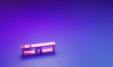 Gözlük üzerine monte edilmiş pembe akıllı gözlükler mor-mavi arka planda izole edilmiş ikon. Giyilebilir elektronik, akıllı gözlüklü, kameralı ve ekranlı. Minimalizm kavramı. 3 Boyutlu resimleme.