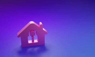 Pembe Ev, mor-mavi arka planda izole edilmiş koruma ikonu altında. Eve git ve kilitle. Koruma, güvenlik, güvenlik, koruma, savunma konsepti. Minimalizm kavramı. 3 Boyutlu resimleme.