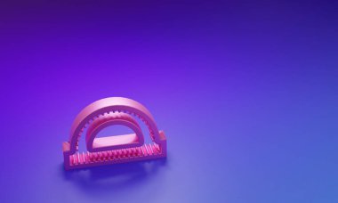 Mor-mavi arkaplanda izole edilmiş derece simgesini ölçmek için pembe açılı ızgara. Eğim ölçer. Ölçme aleti. Geometrik sembol. Minimalizm kavramı. 3 Boyutlu resimleme.