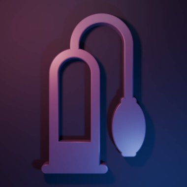 Purple Penis pump icon isolated on purple-blue background. Penis enlarger. Sex toy for men. Vacuum pump with a blower to increase the penis. Minimalism concept. 3D render illustration.