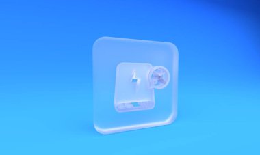 Mavi arka planda izole edilmiş tornavida ve ingiliz anahtarı ikonu olan buzlu cam güç bankası. Ayarlama, servis, ayar, bakım, onarım, onarım. Kare buzlu cam düğme. 3 Boyutlu resimleme.