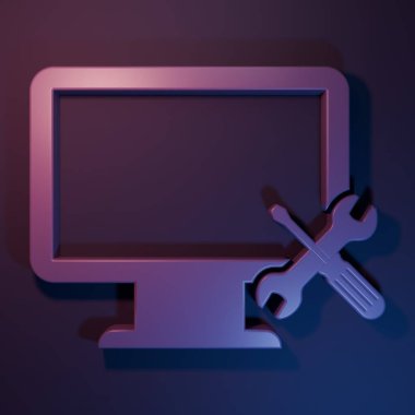 Mor-mavi arka planda izole edilmiş tornavida ve anahtar simgesine sahip mor bilgisayar monitörü. Ayarlama, servis, ayar, bakım, onarım, onarım. Minimalizm kavramı. 3 Boyutlu resimleme.