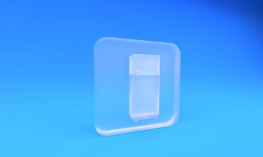 Buzlu cam buzdolabı ikonu mavi arka planda izole edilmiş. Buzdolabı buzdolabı. Ev aletleri ve aletler. Kare buzlu cam düğme. 3 Boyutlu resimleme.