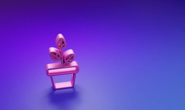 Mor-mavi arka planda izole edilmiş, saksı ikonunda pembe çiçekler. Tencerede yetişen bir bitki. Saksı bitkisi işareti. Minimalizm kavramı. 3 Boyutlu resimleme.