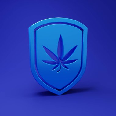 Mavi Kalkan ve marihuana ya da mavi arka planda izole edilmiş kenevir yaprağı ikonu. Marihuanayı yasallaştırma. Kenevir sembolü. Minimalizm kavramı. 3 Boyutlu resimleme.