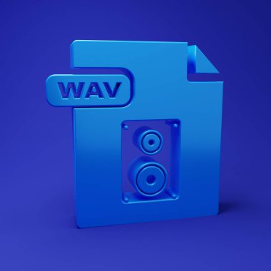 Mavi WAV dosya dökümanı. Mavi arkaplanda wav düğmesi simgesi indir. Dijital ses riff dosyaları için WAV dalga boyu ses dosyası biçimi. Minimalizm kavramı. 3 Boyutlu resimleme.