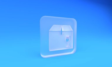 Kırık cam ikonun kırılgan içerik sembolünün mavi arka planda izole edildiği buzlu cam teslimat kutusu. Kutu, paket, paket işareti. Kare buzlu cam düğme. 3 Boyutlu resimleme.