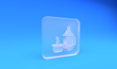 Buzlu cam termos kabı ikonu mavi arka planda izole edilmiş. Termo matara ikonu. Kamp ve yürüyüş ekipmanları. Kare buzlu cam düğme. 3 Boyutlu resimleme.