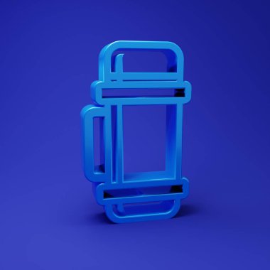 Mavi arkaplanda mavi termos konteynır simgesi izole edildi. Termo matara ikonu. Kamp ve yürüyüş ekipmanları. Minimalizm kavramı. 3 Boyutlu resimleme.