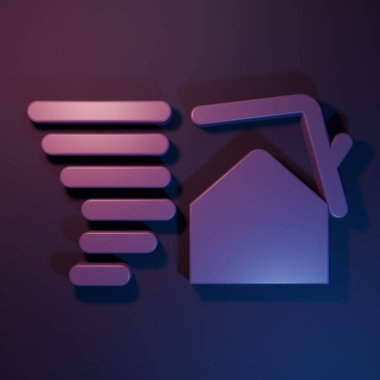 Mor Kasırga girdabı, mor-mavi arka planda izole edilmiş çatı ikonuna zarar veriyor. Kasırga, kasırga, fırtına bacası, kasırga rüzgar ikonu. Minimalizm kavramı. 3 Boyutlu resimleme.