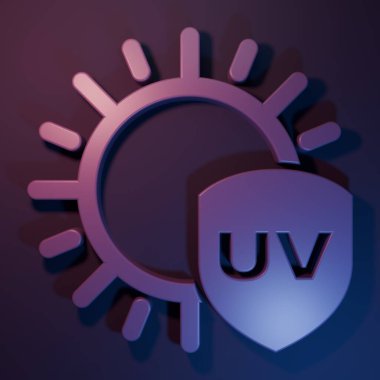 Mor-mavi arka planda izole edilmiş mor UV koruma simgesi. Güneş ve kalkan. Ultra menekşe ışınları radyasyon. SPF güneş işareti. Minimalizm kavramı. 3 Boyutlu resimleme.