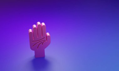 El simgesinin pembe el yazısı mor-mavi arkaplanda izole edilmiş. Minimalizm kavramı. 3 Boyutlu resimleme.