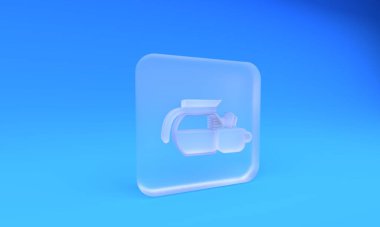 Mavi arka planda izole edilmiş fincan ikonlu buzlu cam kahve demliği. Kare buzlu cam düğme. 3 Boyutlu resimleme.