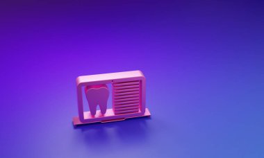 Diş kartlı pembe dizüstü bilgisayar ya da mor-mavi arka planda izole edilmiş hasta tıbbi kayıtları. Diş sigortası. Diş sağlığı kliniği raporu. Minimalizm kavramı. 3 Boyutlu resimleme.
