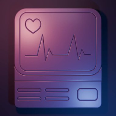 Mor-mavi arka planda kardiyogram simgesi olan mor bilgisayar monitörü. Simge denetleniyor. Kalp atışı elle çizilmiş EKG monitörü. Minimalizm kavramı. 3 Boyutlu resimleme.