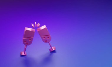 Mor-mavi arka planda izole edilmiş pembe şampanya ikonu. Minimalizm kavramı. 3 Boyutlu resimleme.