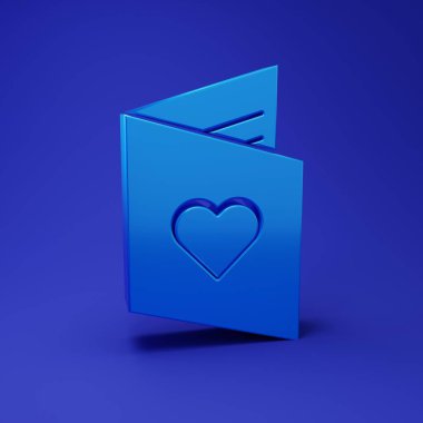 Mavi arkaplanda kalp ikonu olan Mavi Sevgililer Günü broşürü. Kutlama için davetiye ya da tebrik kartı şablonu. Minimalizm kavramı. 3 Boyutlu resimleme.