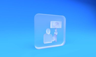 Buzlu cam doğa, mavi arka planda izole edilmiş protesto simgesini kurtarıyor. Dünya gezegeni koruması, çevre sorunları gösterisi. Kare buzlu cam düğme. 3 Boyutlu resimleme.