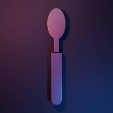 Mor kaşık simgesi mor-mavi arkaplanda izole edilmiş. Mutfak aletleri. Çatal bıçak seti. Minimalizm kavramı. 3 Boyutlu resimleme.