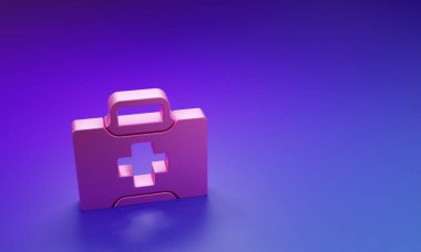 Mor-mavi arka planda izole edilmiş pembe ilk yardım seti simgesi. Haçlı sağlık kutusu. Acil durumlar için tıbbi ekipman. Sağlık sigortası konsepti. Minimalizm kavramı. 3 Boyutlu resimleme.