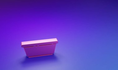 Mor-mavi arka planda izole edilmiş pembe plastik leğen simgesi. Sulu kase. Çamaşır yıkama, temizlik malzemeleri. Minimalizm kavramı. 3 Boyutlu resimleme.