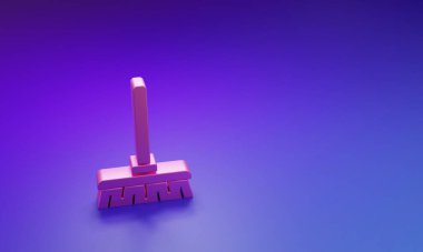 Mor-mavi arkaplanda izole edilmiş pembe süpürge sapı simgesi. Temizlik hizmeti konsepti. Minimalizm kavramı. 3 Boyutlu resimleme.
