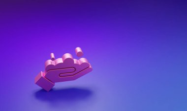 Mor-mavi arka planda sabun ikonu olan pembe yıkama elleri. Virüs ve bakterileri önlemek için ellerini sabunla yıkıyorsun. Minimalizm kavramı. 3 Boyutlu resimleme.