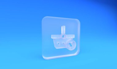 Buzlu cam, mavi arkaplanda izole edilmiş alışveriş sepeti simgesini kaldır. İnternetten satın alma konsepti. Teslimat servisi. Süpermarket sepeti ve X işareti. Kare buzlu cam düğme. 3 Boyutlu resimleme.