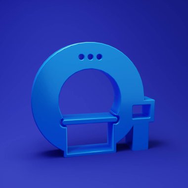 Mavi Tomografi simgesi mavi arkaplanda izole edildi. Tıbbi tarayıcı, radyasyon. Teşhis, radyoloji, manyetik rezonans terapisi. Minimalizm kavramı. 3 Boyutlu resimleme.