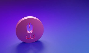 Mor-mavi arka planda izole edilmiş pembe balık oltası ikonu. Balık oltası. Minimalizm kavramı. 3 Boyutlu resimleme.