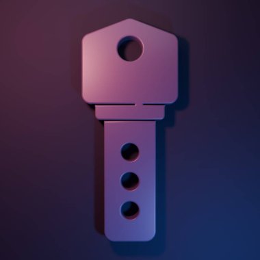 Mor Ev anahtar simgesi mor-mavi arka planda izole edildi. Minimalizm kavramı. 3 Boyutlu resimleme.