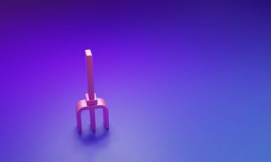 Mor-mavi arka planda izole edilmiş pembe bahçe yabası ikonu. Bahçe çatalı işareti. Bahçecilik, tarım, çiftçilik aleti. Minimalizm kavramı. 3 Boyutlu resimleme.