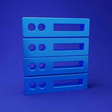 Mavi Sunucu, Data, Web sunucu simgesi mavi arkaplanda izole edildi. Minimalizm kavramı. 3 Boyutlu resimleme.
