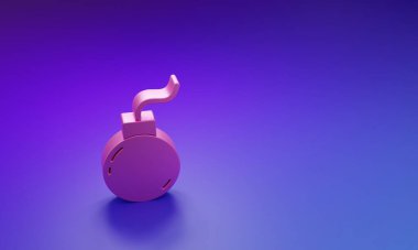 Pembe Bomba, mor-mavi arka planda izole edilmiş ikonu patlatmaya hazır. Minimalizm kavramı. 3 Boyutlu resimleme.