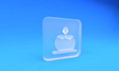 Mavi arka planda izole edilmiş buzlu cam Aroma mum ikonu. Kare buzlu cam düğme. 3 Boyutlu resimleme.