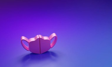 Mor-mavi arka planda izole edilmiş pembe tıbbi maske ikonu. Minimalizm kavramı. 3 Boyutlu resimleme.