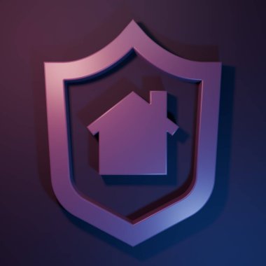 Mor-mavi arka planda izole edilmiş bir kalkan ikonu olan Mor Ev. Sigorta konsepti. Güvenlik, güvenlik, koruma, konsept koruma. Minimalizm kavramı. 3 Boyutlu resimleme.